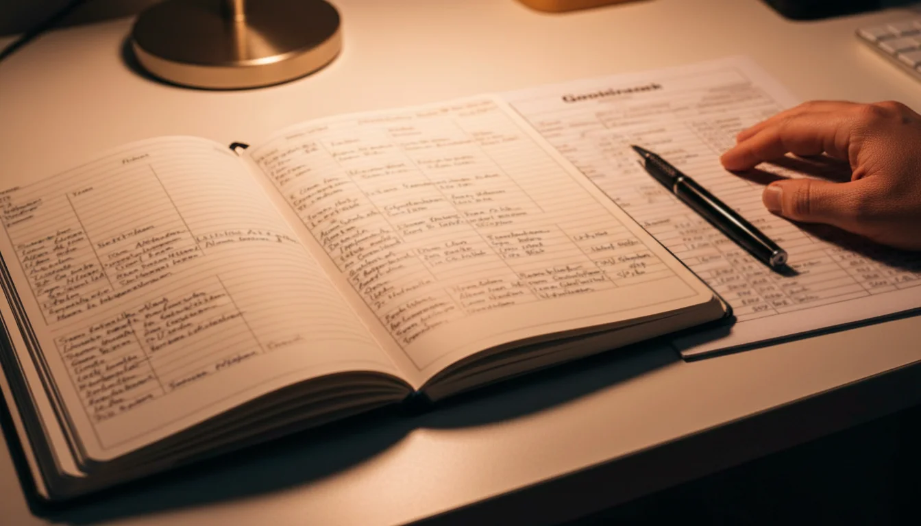 Notizbuch mit Wettstrategie und Stift neben einem Rennprogramm