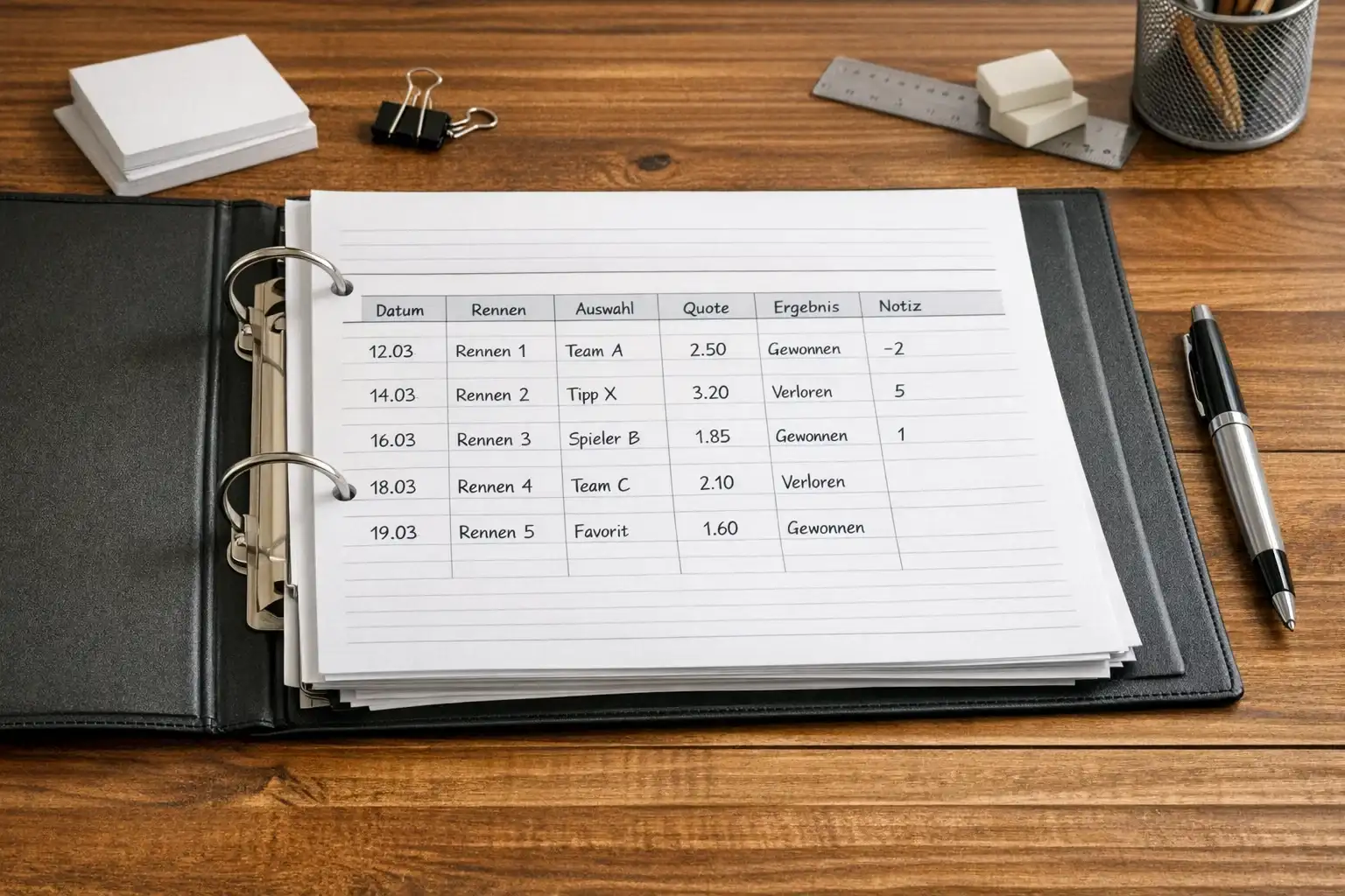Ordentlich sortierte Wettunterlagen mit Stift