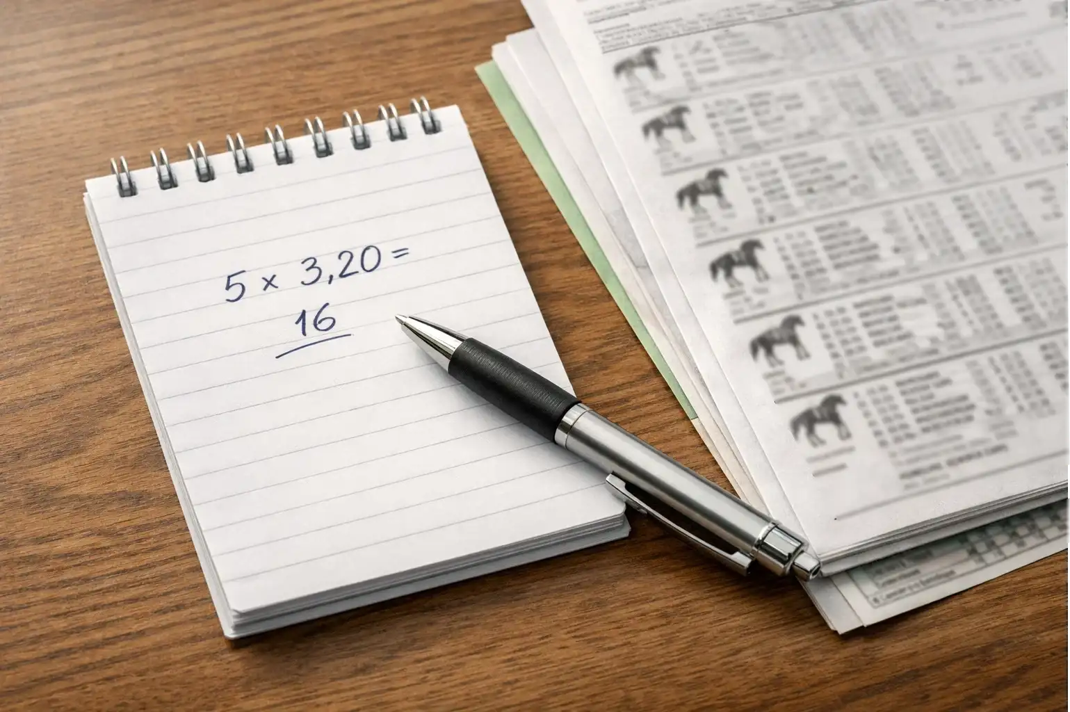 Notizblock mit Wettberechnungen neben Rennprogramm