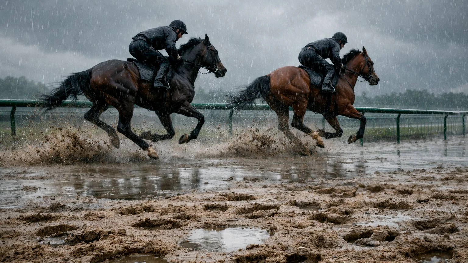 Galopprennbahn bei Regen mit aufgeweichtem Boden und Pfützen