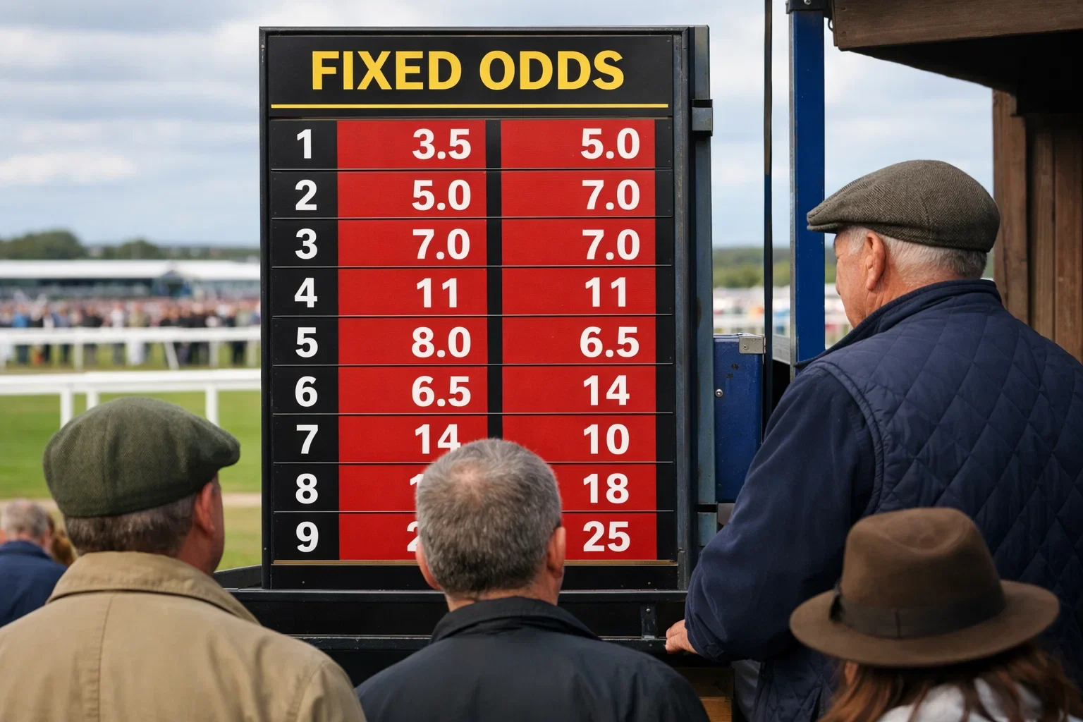 Buchmacher-Stand mit Quotentafel