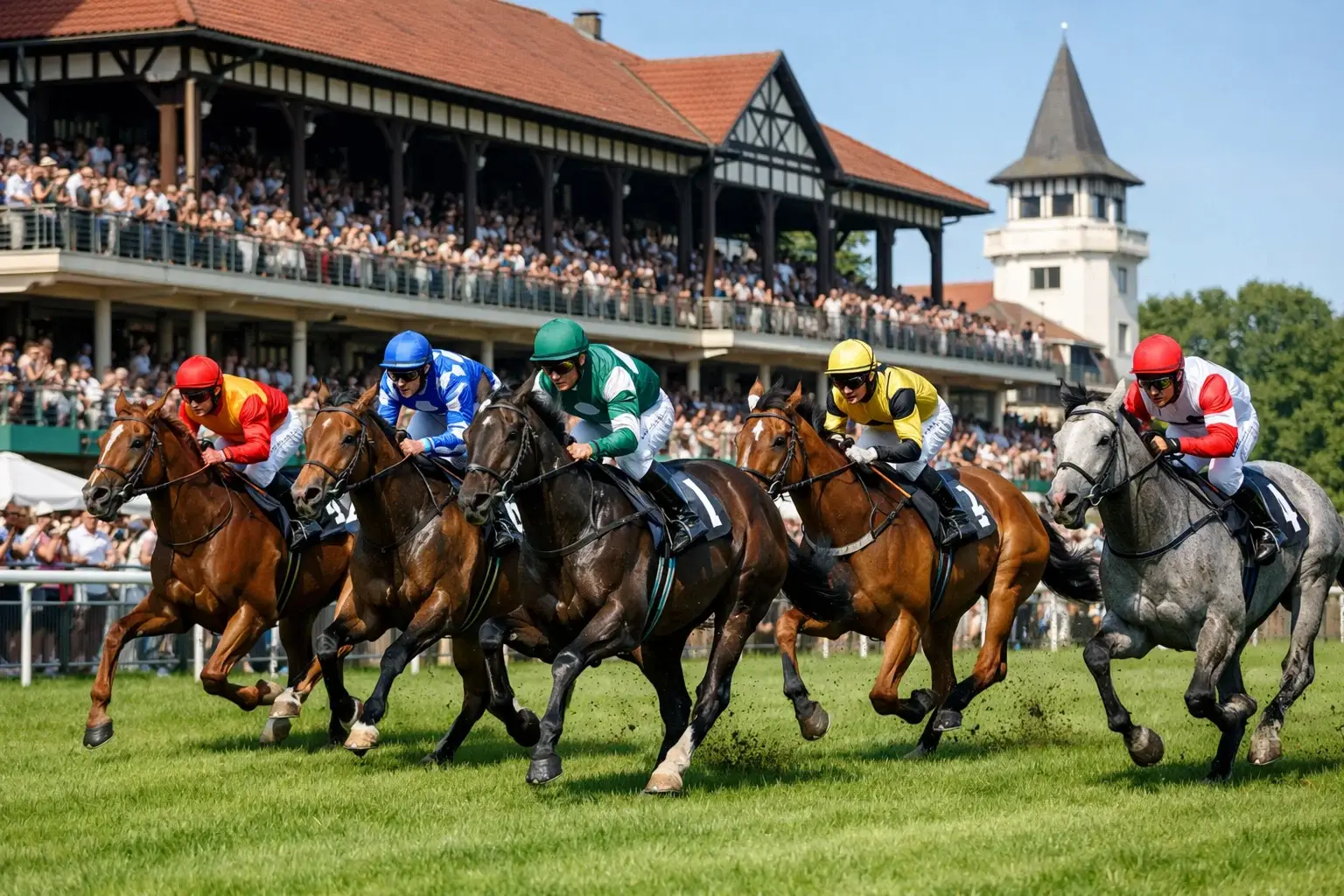 Pferde passieren Tribüne bei deutschem Rennen