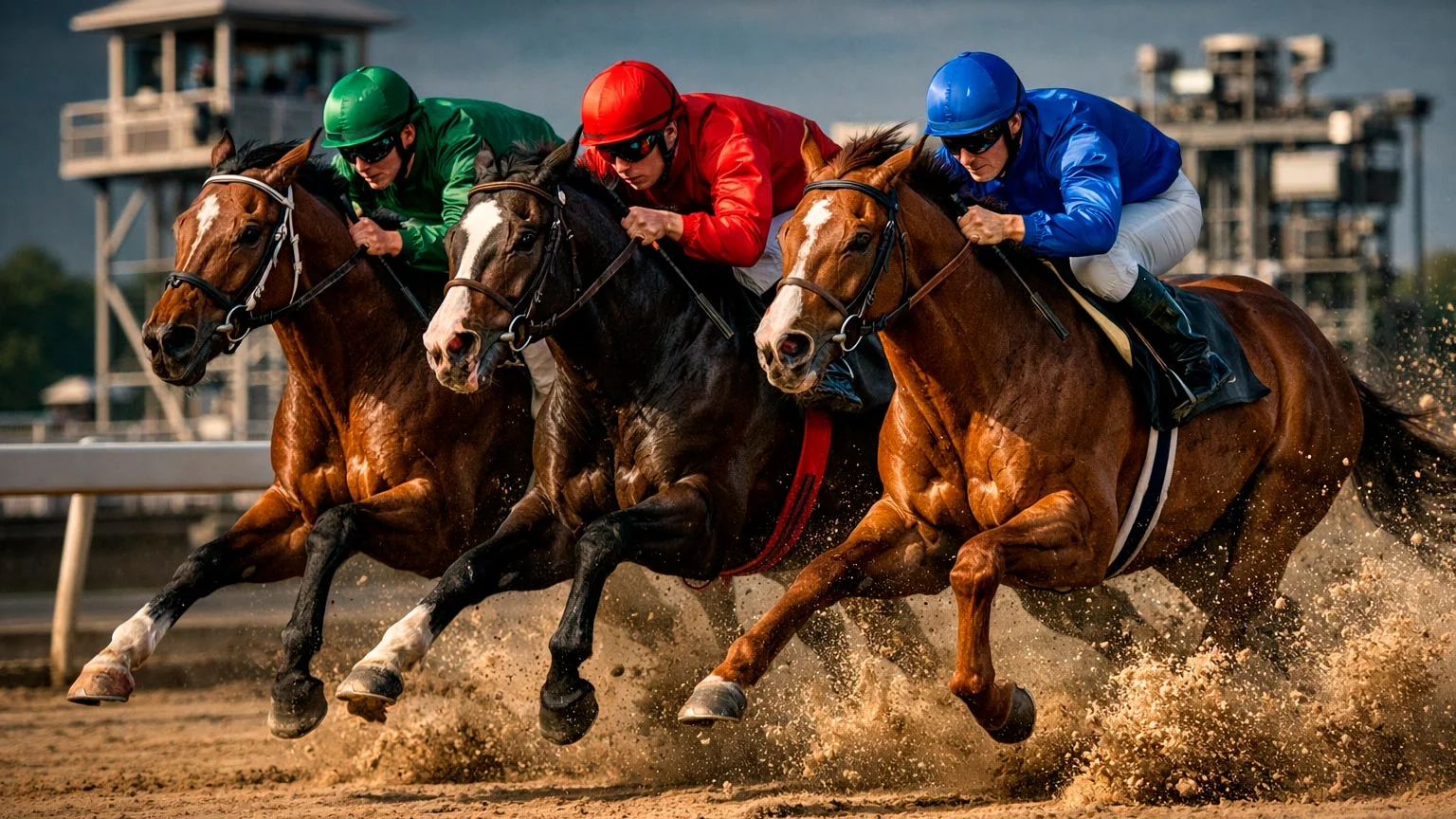 Drei Rennpferde eng nebeneinander im Zieleinlauf eines Galopprennen