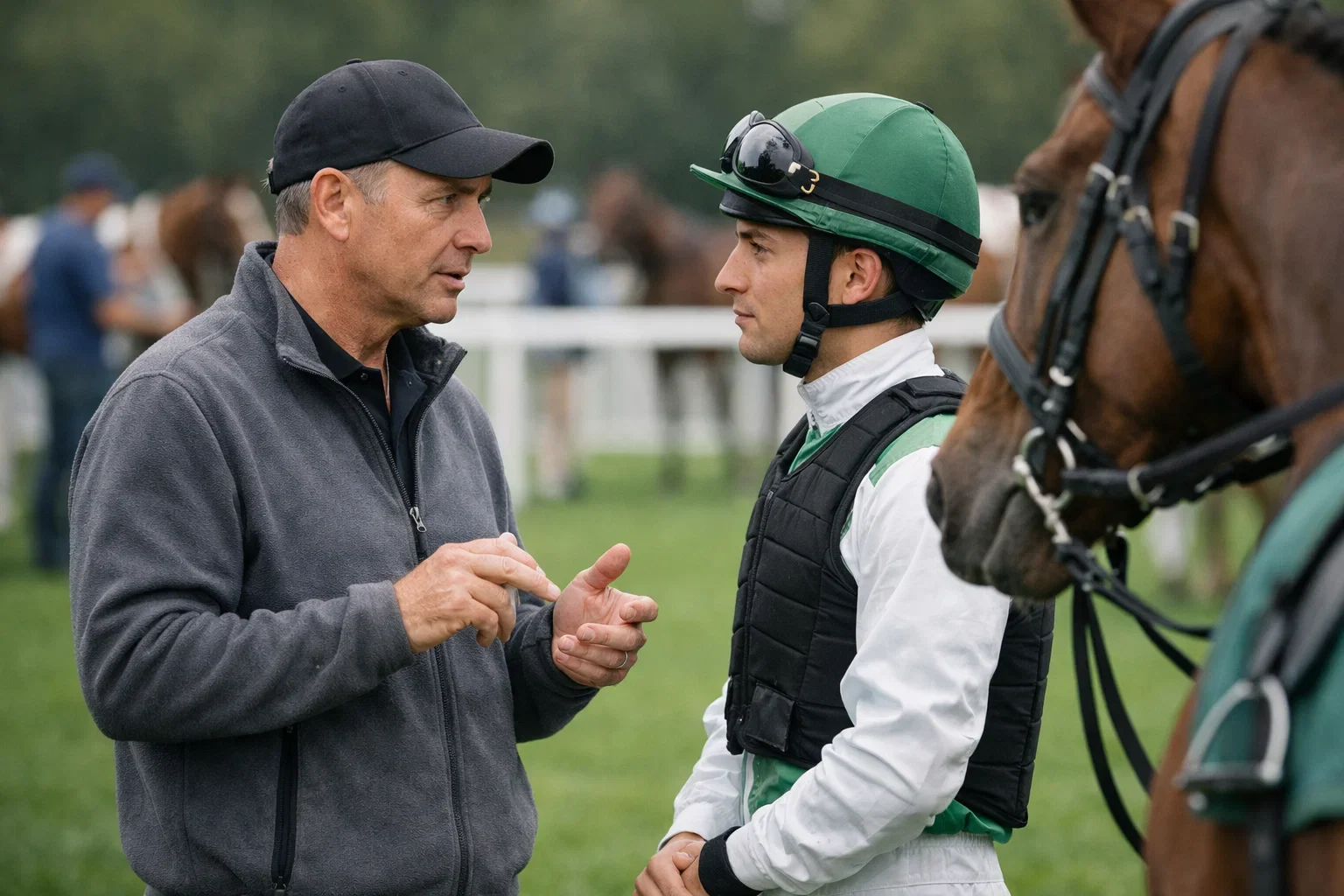Trainer gibt Anweisungen vor Rennstart