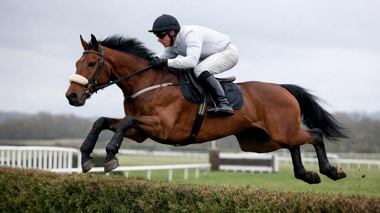 Rennpferd springt über eine Hürde bei einem Hindernisrennen