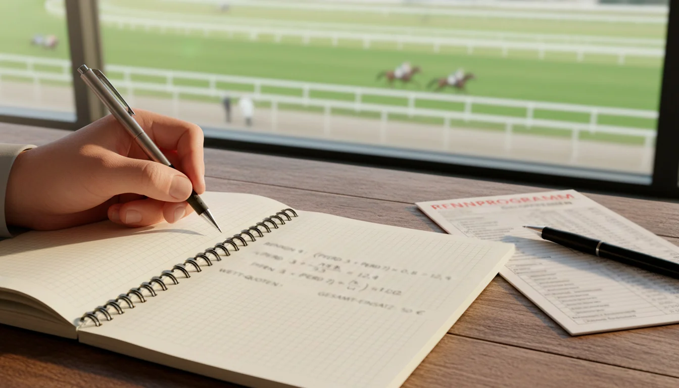 Person berechnet Wettgewinne mit Stift und Notizblock neben einer Rennbahn