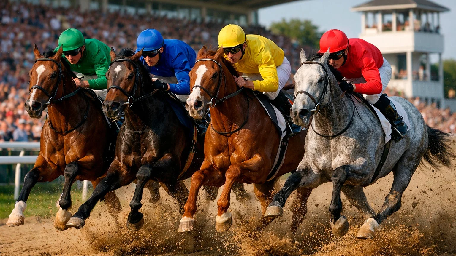 Rennpferde auf der Zielgeraden in Iffezheim beim Großen Preis von Baden
