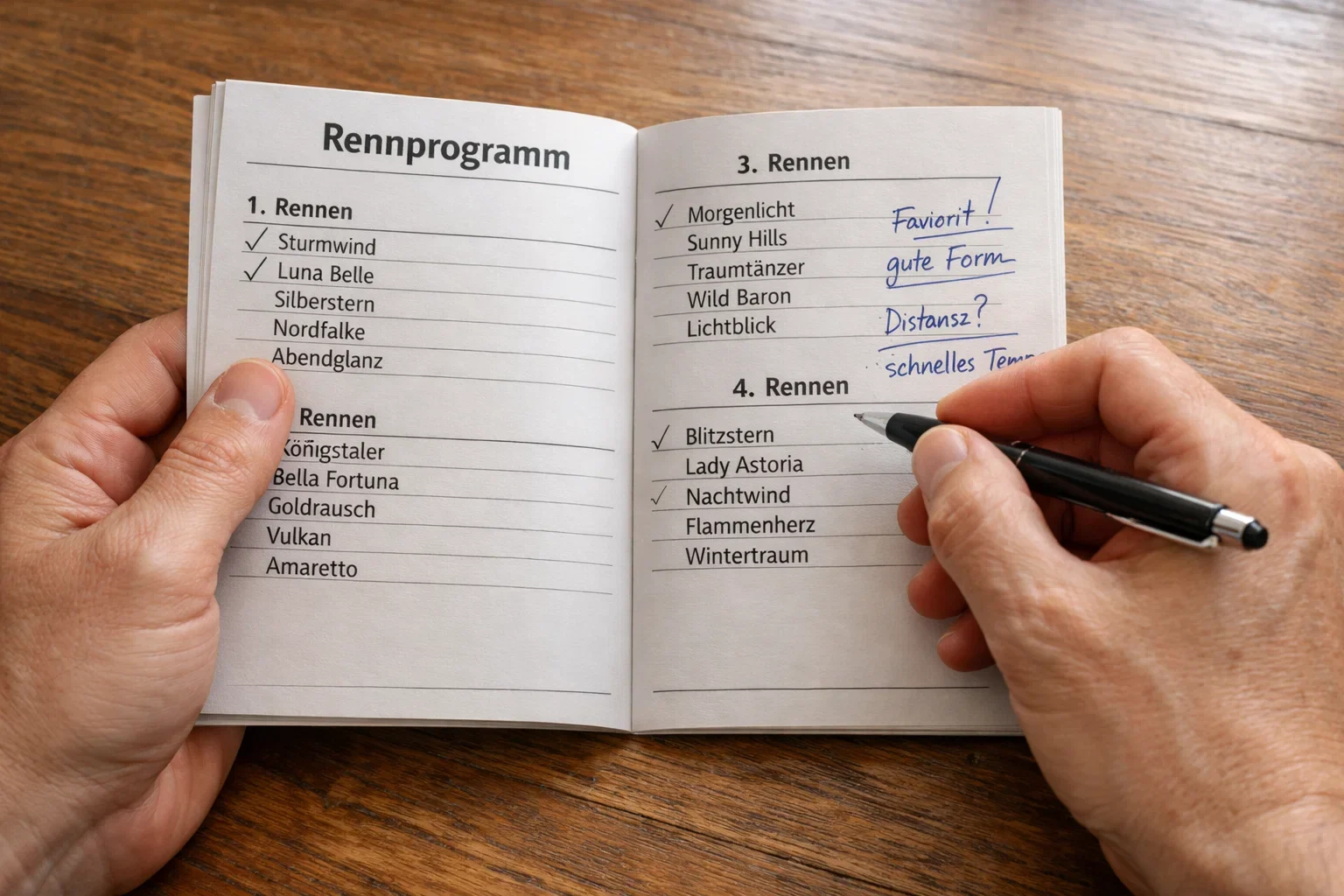 Person analysiert Rennprogramm mit Stift