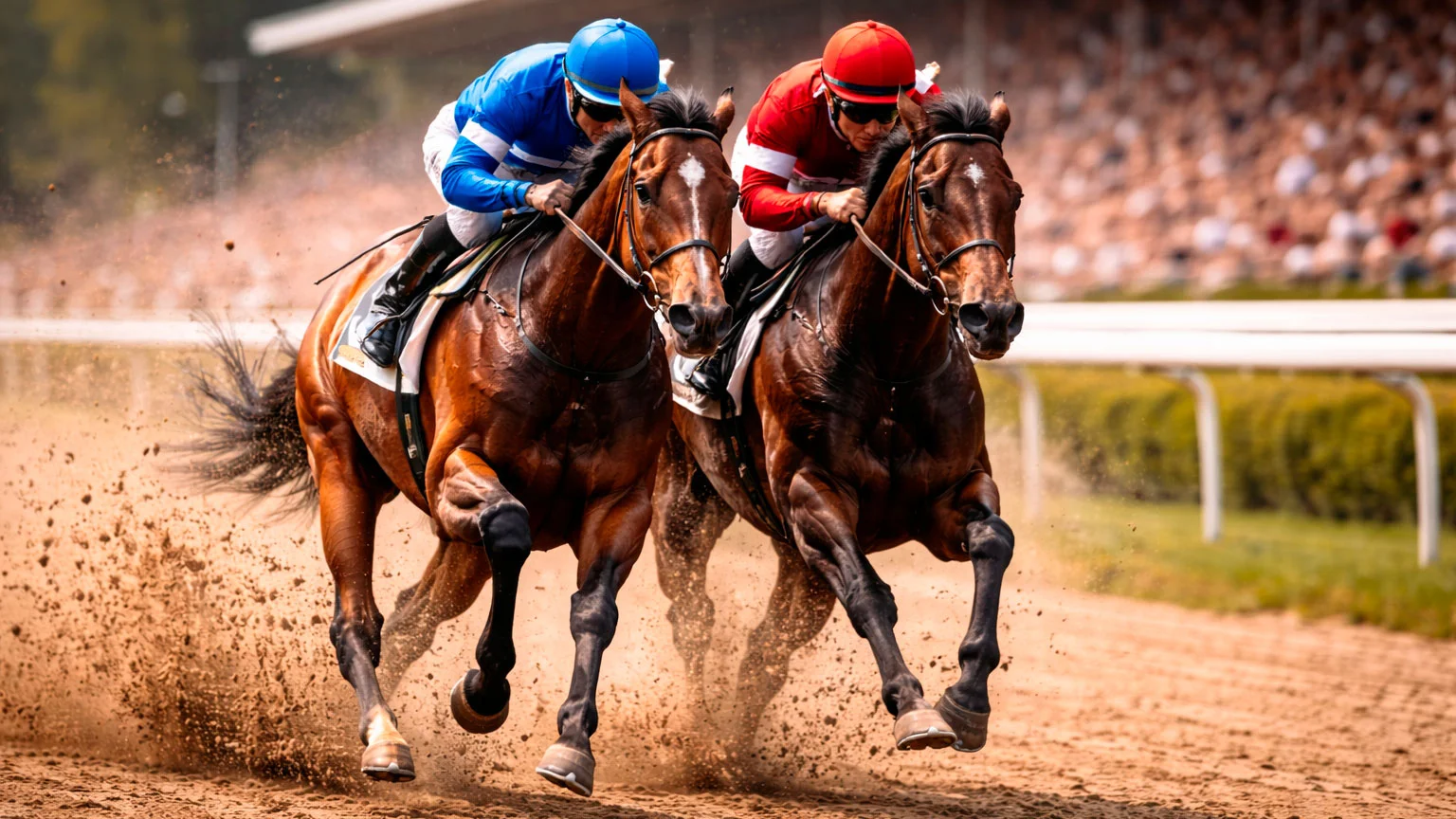 Zwei Rennpferde im direkten Duell Kopf an Kopf auf der Galopprennbahn