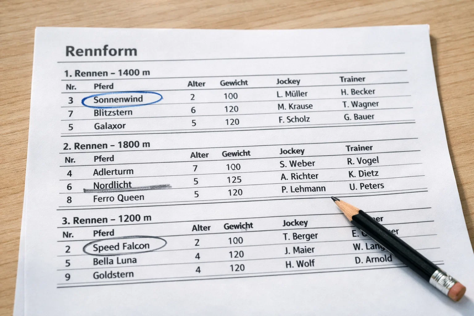 Rennkarte mit markierten Favoriten