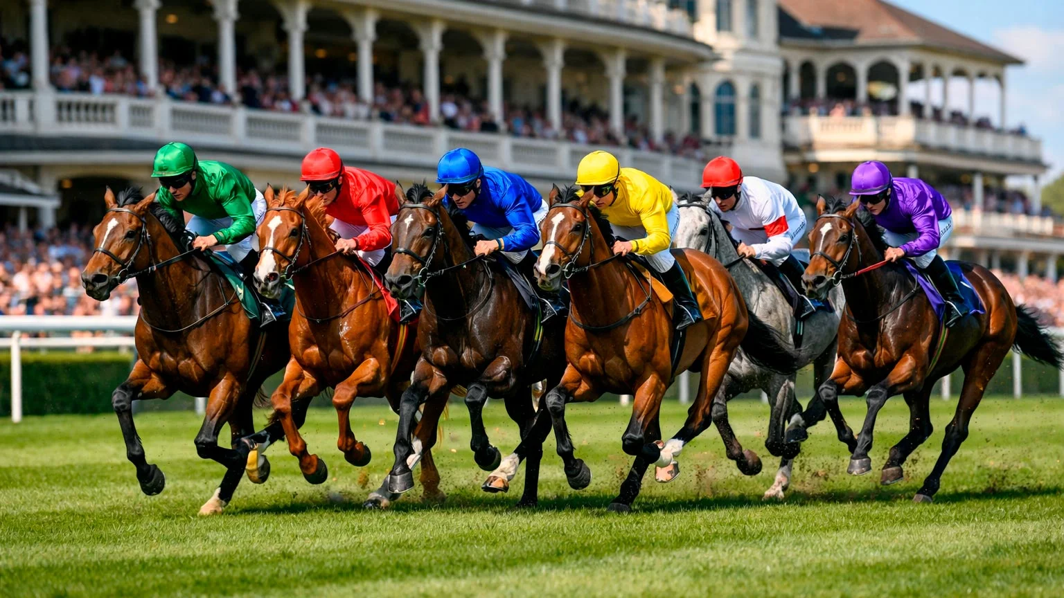 Rennpferde im vollen Galopp auf der Bahn von Royal Ascot in England
