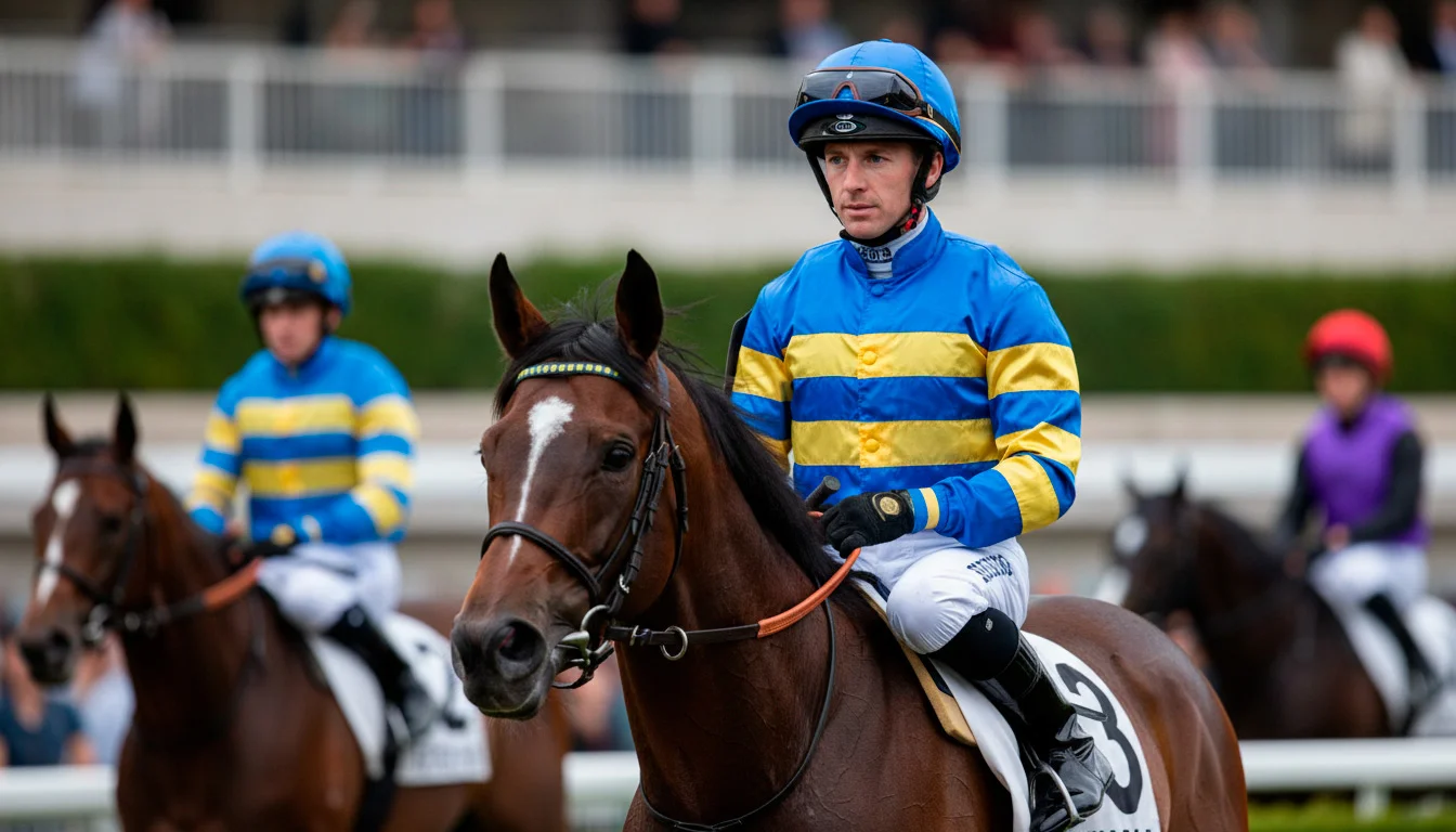 Jockey in bunter Seidenfarbe auf einem Rennpferd vor dem Start