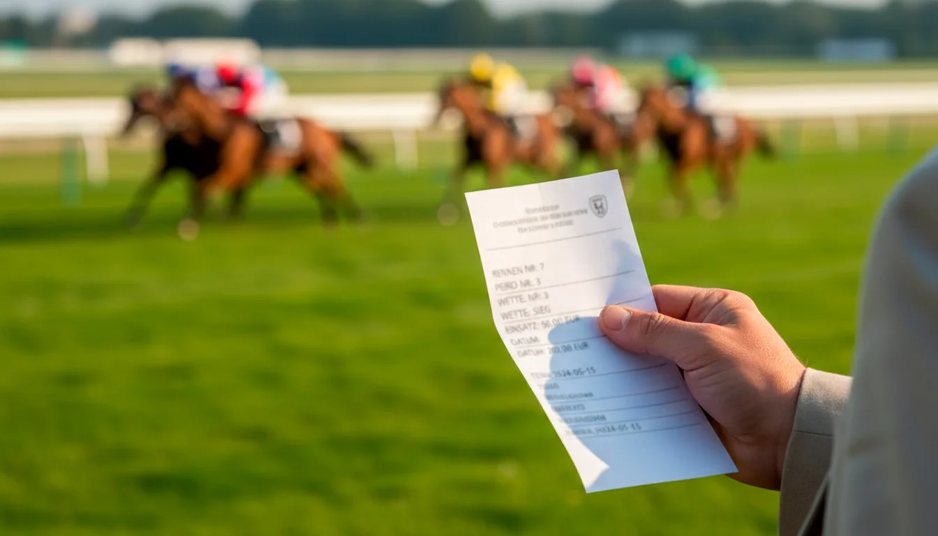 Wettschein mit mehreren Pferderennen auf einem Tisch neben einer Rennbahn