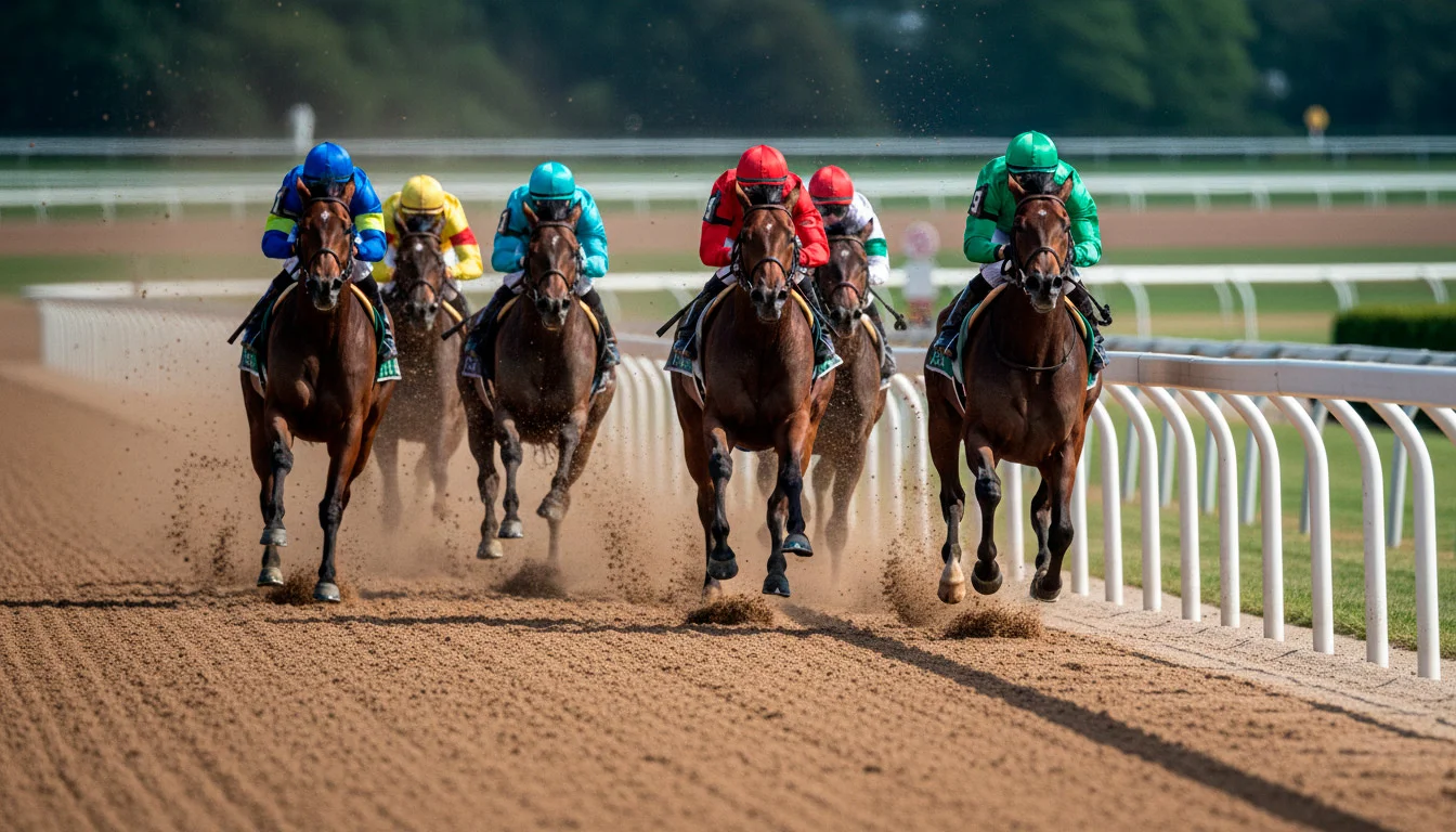 Rennpferde in voller Fahrt während eines laufenden Galopprennens