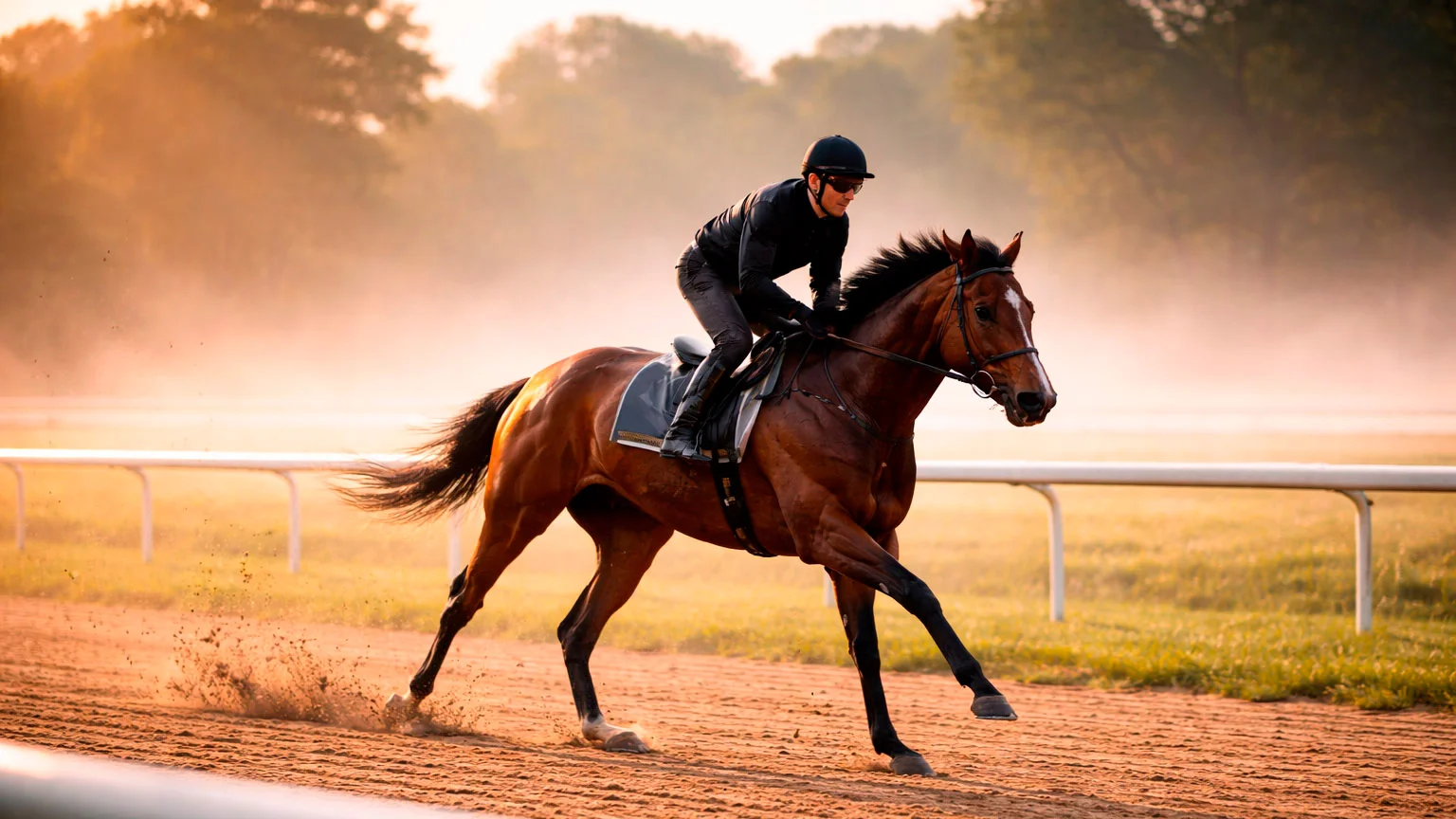 Rennpferd im Morgenlicht beim Training auf der Galopprennbahn