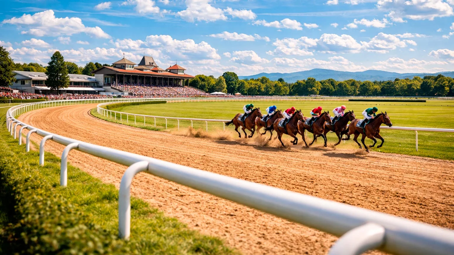 Panorama der Galopprennbahn Iffezheim bei Baden-Baden an einem Renntag