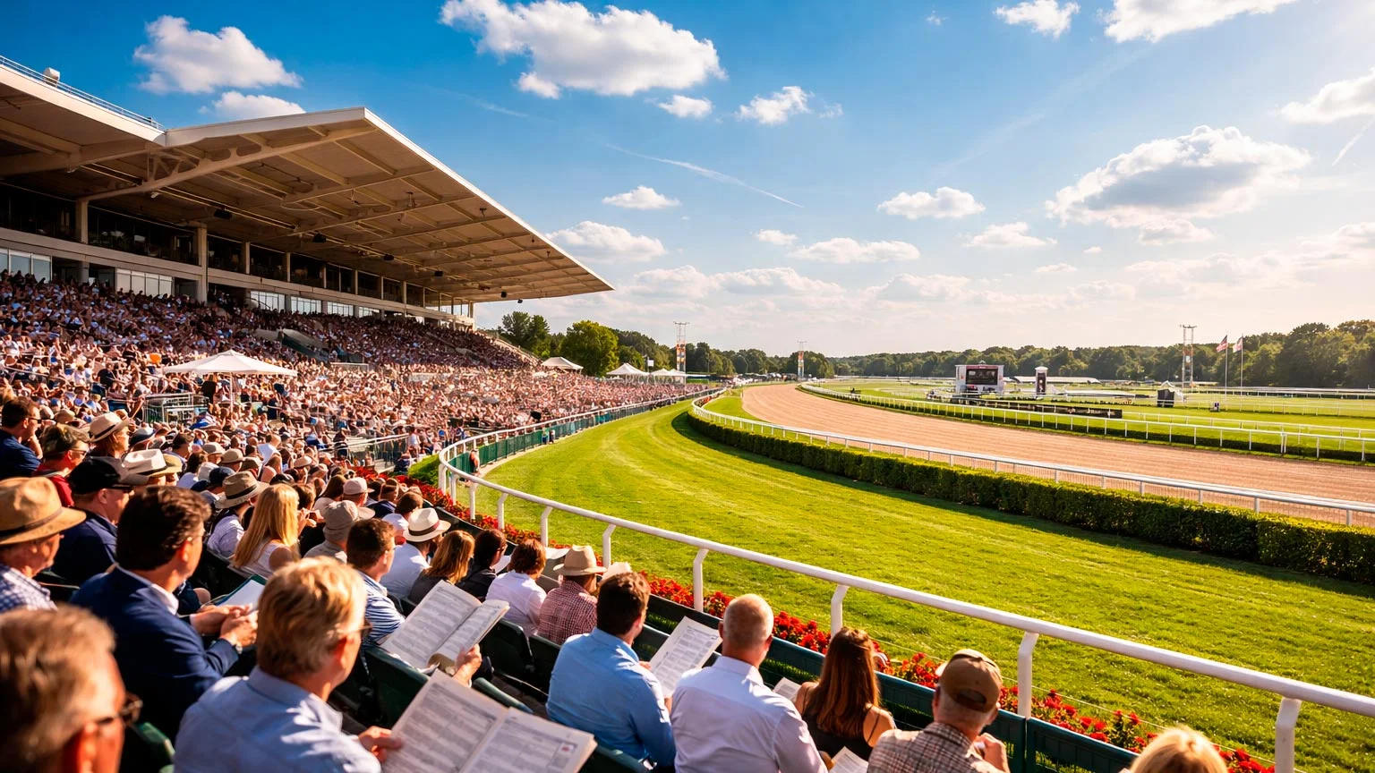 Zuschauer auf der Tribüne einer deutschen Galopprennbahn bei Sonnenschein