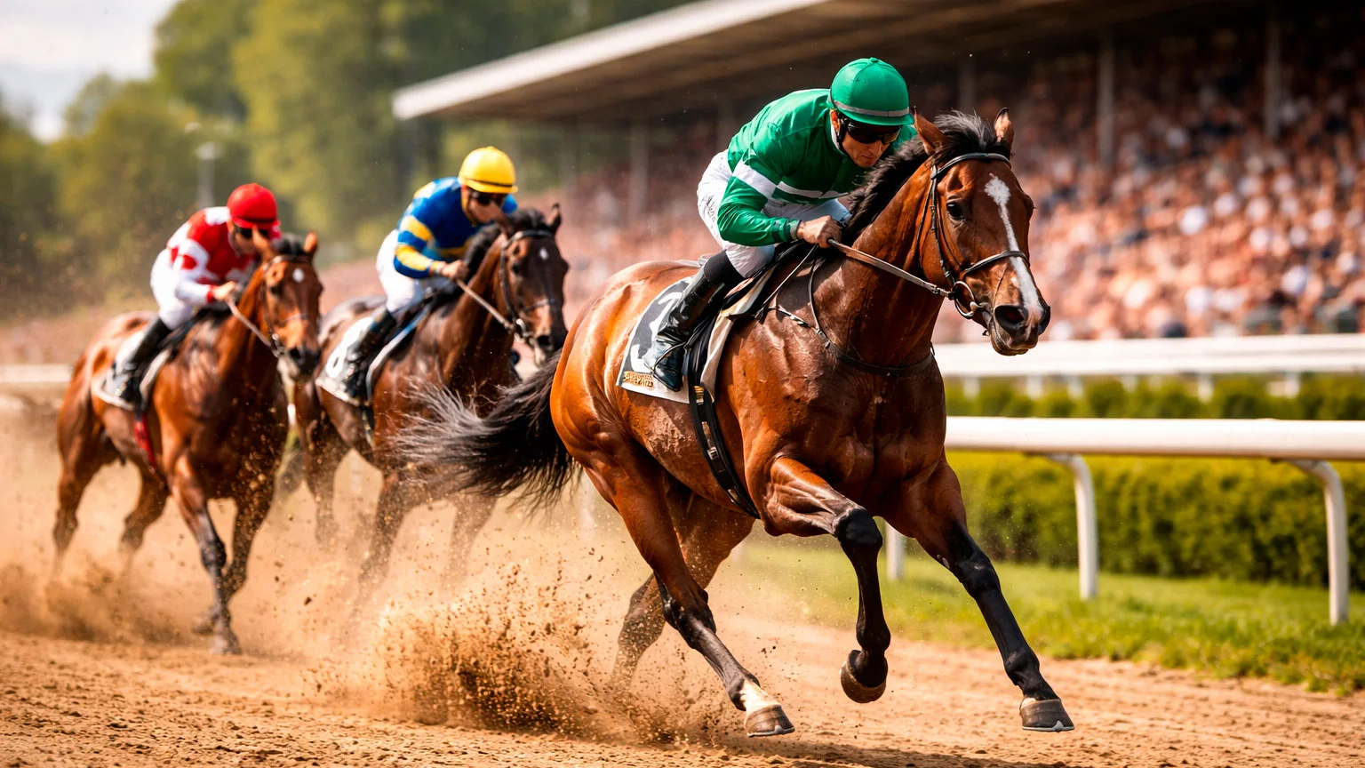 Pferderennen auf einer Galopprennbahn mit Jockeys im vollen Galopp
