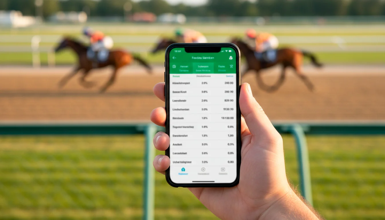 Smartphone mit Wett-App vor einer Galopprennbahn im Hintergrund