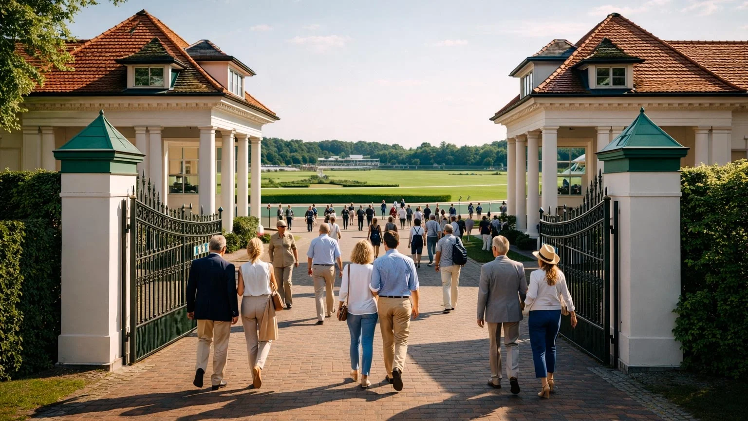 Eingang einer deutschen Galopprennbahn mit Besuchern am Renntag