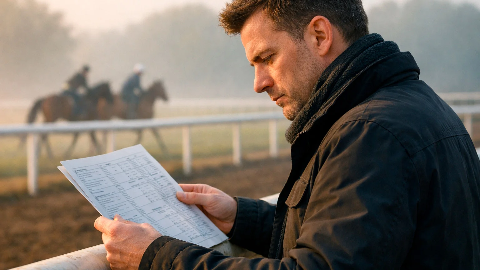 Erfahrener Wetter analysiert Rennkarten vor einer Galopprennbahn