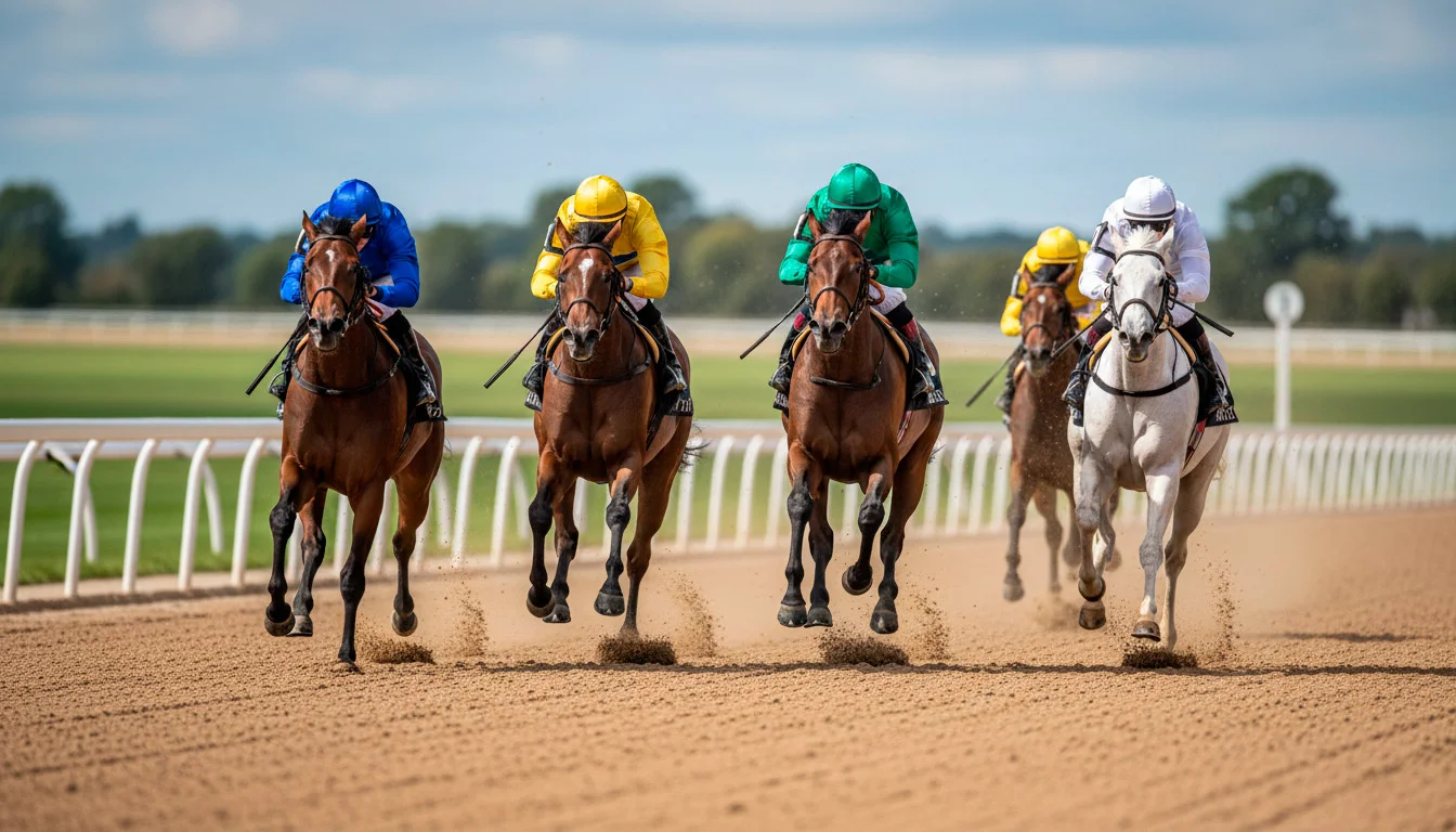 Mehrere Rennpferde im engen Kampf um die vorderen Plätze auf der Rennbahn