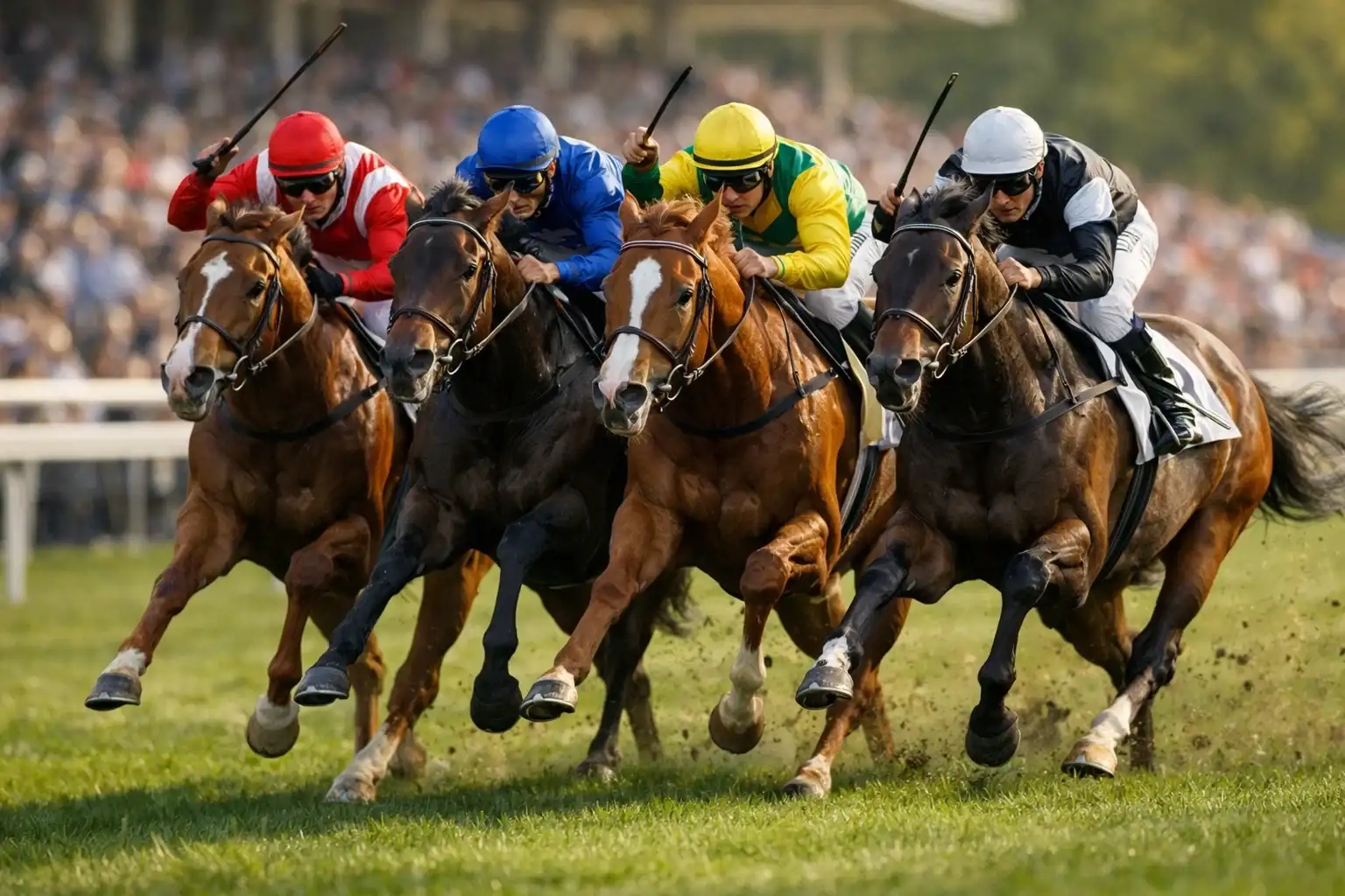 Mehrere Pferde im Zieleinlauf eines Rennens