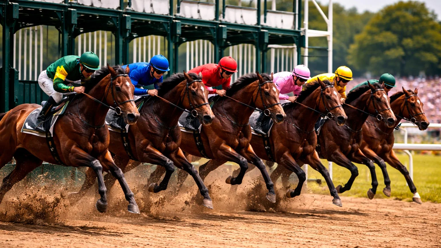 Startbox eines Galopprennens mit Pferden kurz vor dem Start