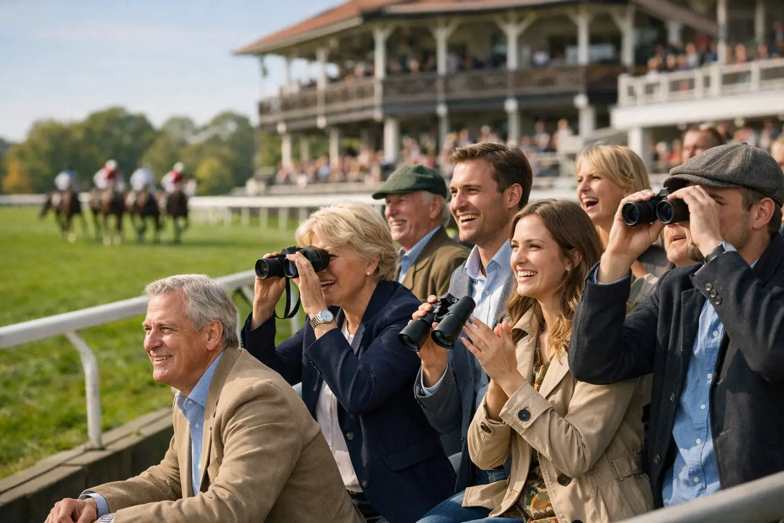 Zuschauer auf der Tribüne einer deutschen Pferderennbahn