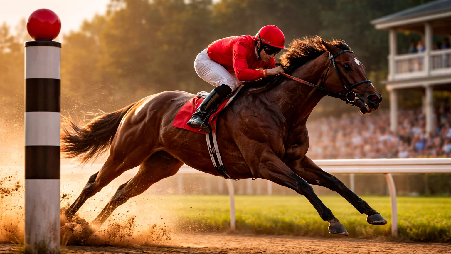 Einzelnes Rennpferd mit Jockey überquert die Ziellinie auf der Galopprennbahn