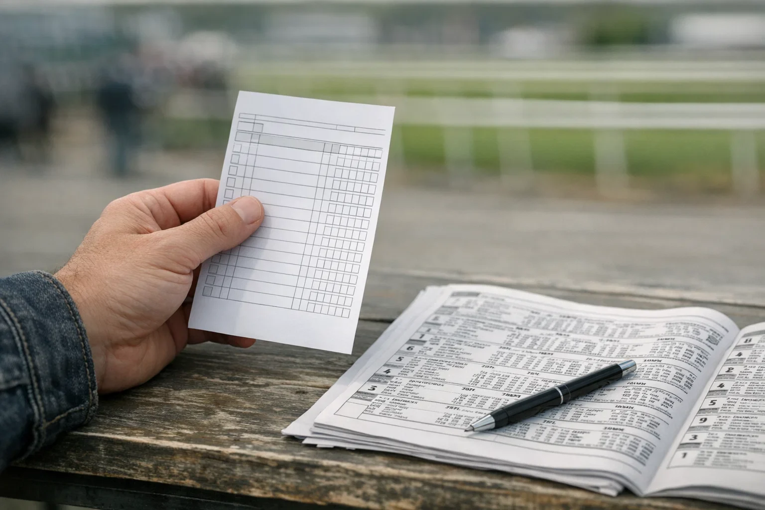 Hand hält Wettschein vor Rennbahn