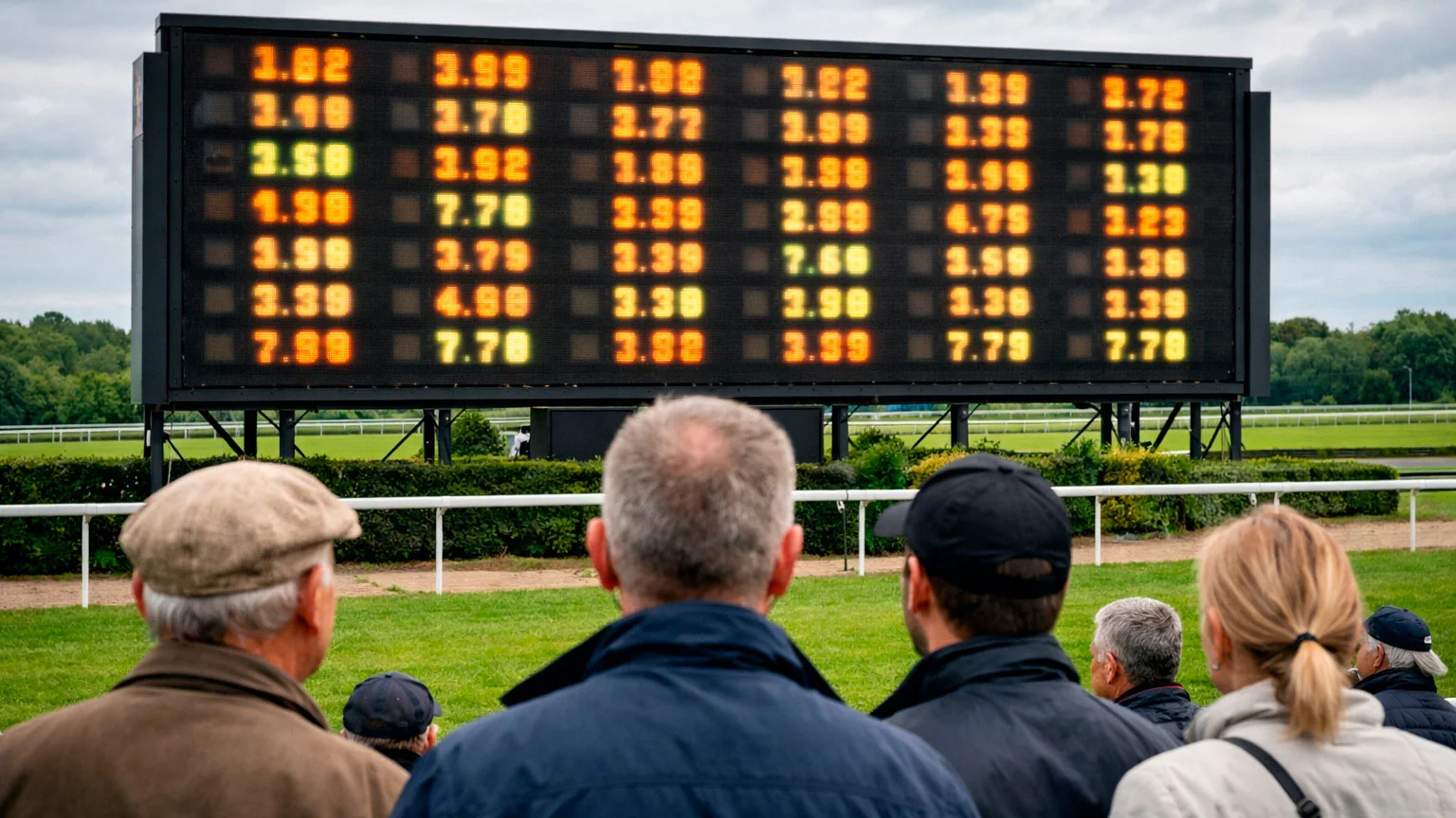 Anzeigetafel mit Toto-Quoten auf einer Pferderennbahn mit Zuschauern