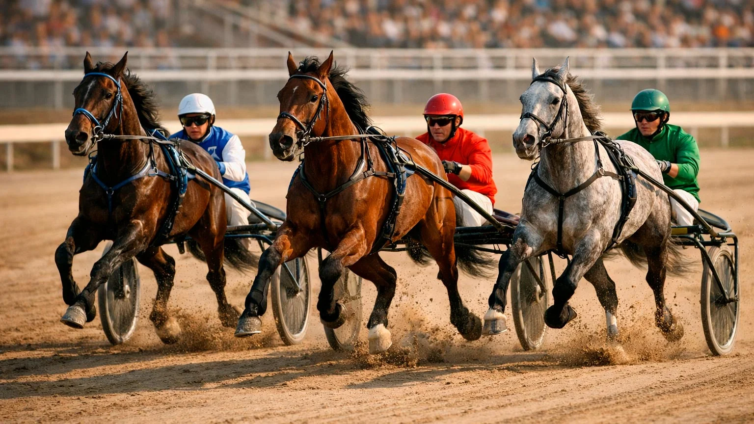Traber mit Sulky und Fahrer im Rennen auf einer Trabrennbahn