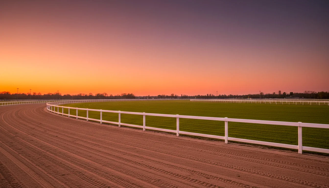 Ruhiger Blick auf eine leere Galopprennbahn im Abendlicht