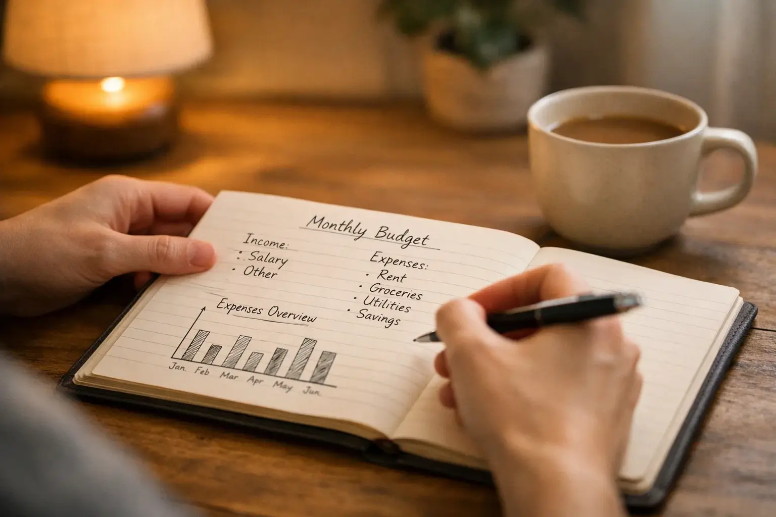 Person plant Budget mit Notizblock und Stift