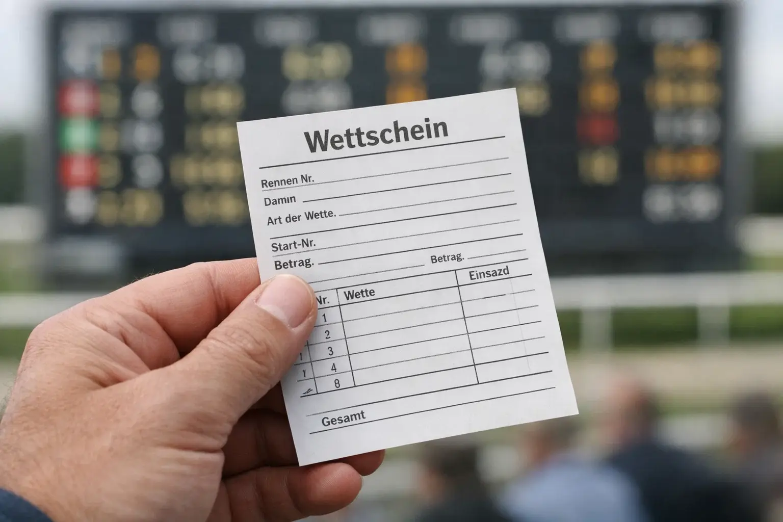 Hand hält einen Wettschein vor einer Anzeigetafel mit Quoten