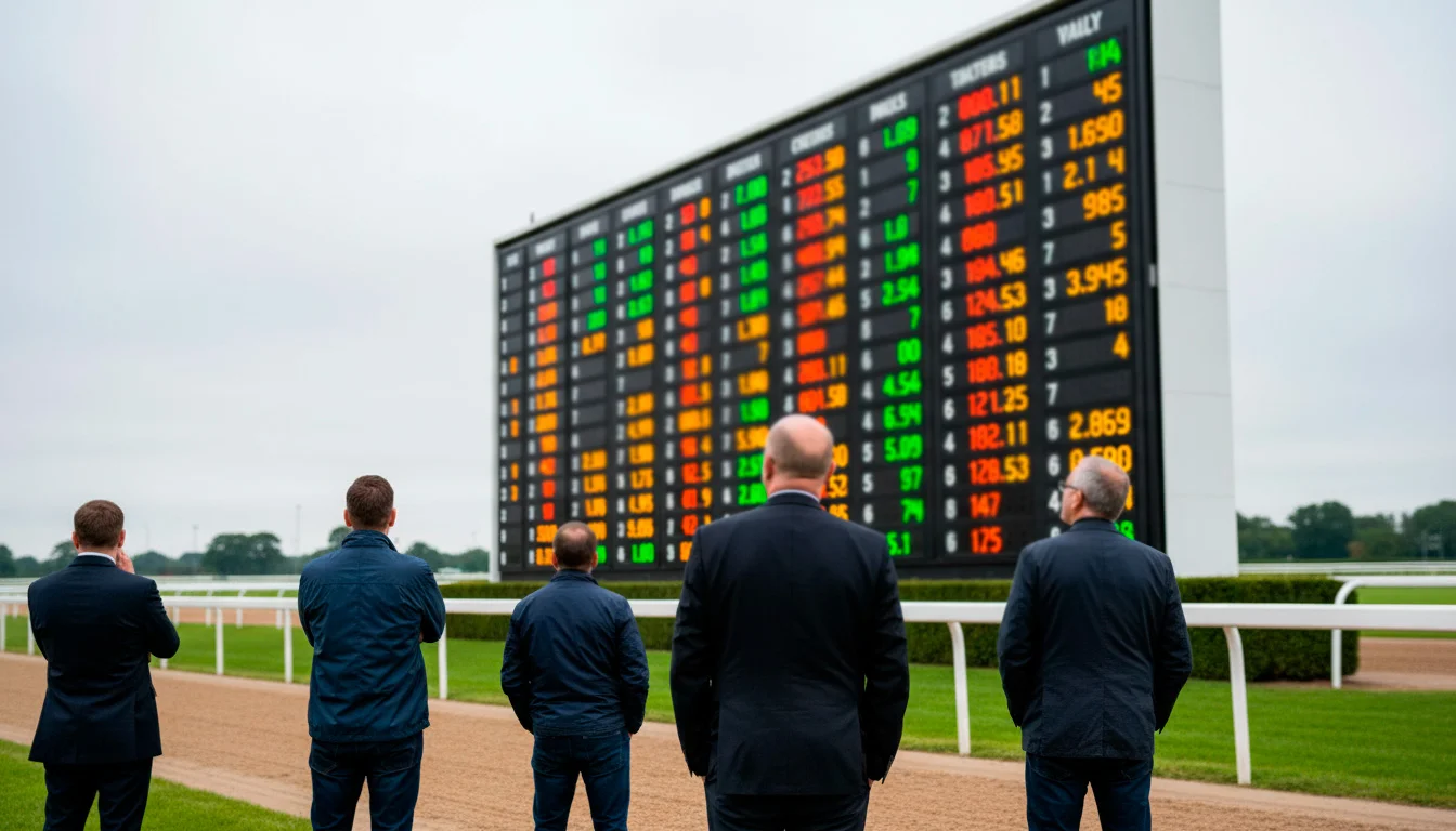 Totalisator-Anzeigetafel mit Poolquoten auf einer Pferderennbahn